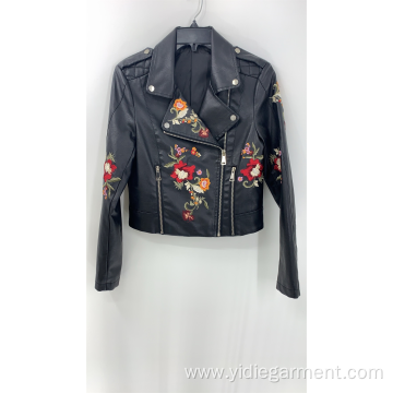 Women's Black Pu Embroidery Jacket